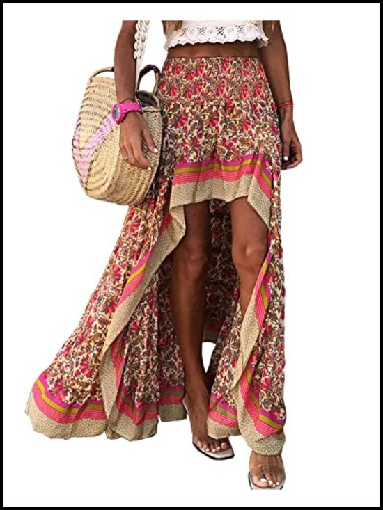 Dresses & Skirts - Women's Floral Print High Low Ruffle Maxi Skirt - Elastic Waist